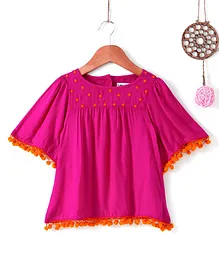 Soul Fairy Half Sleeves Embroidered Yoke Pom Pom Lace Tunic - Dark Pink