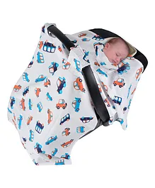 Wonder Wee Indian Mulmul Cover For Carry Cot & Car Seat Car Print - White Blue