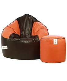 Sattva Combo Bean Bag Cover & Round Footstool Cover Without Beans - Orange Brown