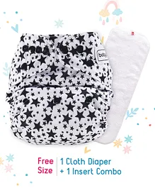 Babyhug Free Size Reusable Cloth Diaper With Insert Star Print - White Black
