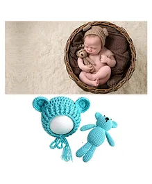 Bembika Newborn Crochet Bonnet Cap And Teddy Bear Photography Photoshoot Prop Pack of 2 - Blue