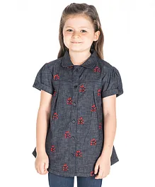 Cherry Crumble by Nitt Hyman Short Sleeves Flower Embroidered Front Buttoned Tunic - Dark Grey
