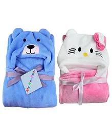 My Newborn Premium Flannel Hooded Blankets Kitty & Puppy Design - Blue Pink