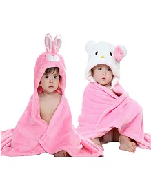 10Club Hooded Baby Blankets Premium Flannel Kitty & Bunny Design - Pink