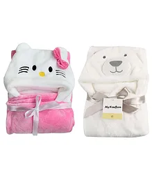 My Newborn Premium Flannel Hooded Blankets Kitty & Bear Design - White Pink