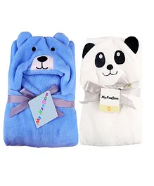 My NewBorn Hooded 2 in 1 Baby Wrapper Cum Blanket Bear & Panda Design Pack of 2 - White Blue 