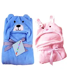 My Newborn Hooded 2 In 1 Blanket Cum Wrapper Bear & Bunny Design Pack of 2 - Pink Blue