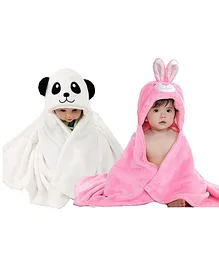 My Newborn Hooded 2 In 1 Blanket Cum Wrapper Panda & Bunny Design Pack of 2 - Pink White
