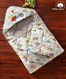 Babyhug Premium Cotton Hooded Wrapper Transport Theme - Multicolor