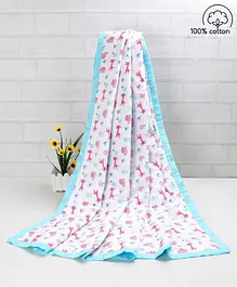 Babyhug Premium Cotton 2 Layered Baby Muslin Blanket Giraffe Print - Blue