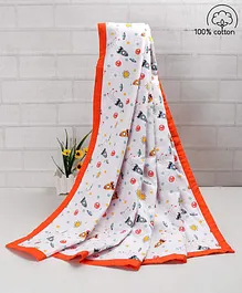 Babyhug Premium Cotton 3 Layered Baby Muslin Blanket Space Print - Orange