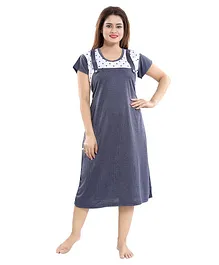 Fabme Polka Dot & Striped Half Sleeves Maternity Night Dress - Navy Blue