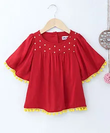 Soul Fairy Half Sleeves Embroidered Yoke Pom Pom Decorated Top - Red