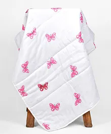 Mom's Home Organic Cotton Baby Quilt Blanket Cum Bedspread Butterfly Print - White Pink