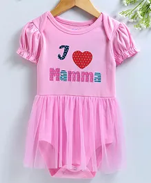 Mom's Love Short Sleeves Frock Style Onesie Heart Print - Light Pink