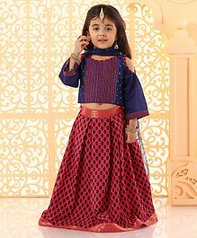 Babyhug Cold Shoulder Embroidered Choli And Lehenga With Dupatta - Pink Navy