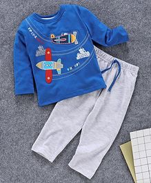 Babyhug Full Sleeves Tee & Bottoms Set Aeroplane Print - Blue Grey