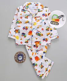 Knitting Doodles Construction Vehicle Printed Full Sleeves Night Suit - White