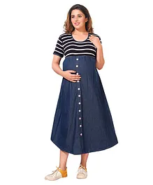 Mamma's Maternity Striped Half Sleeves Maternity Dress - Blue