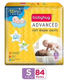 Babyhug Advanced Pant Style Diapers Small (S) Size - 84 Pieces, Honeycomb Technology, Cottony Soft Diaper with 3D Leak Guard, Latex & Alcohol Free, Anti-rash & Gentle 