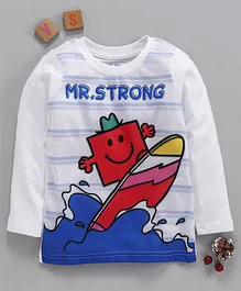 Eteenz Full Sleeves Striped T-Shirt Mr Strong Print - White