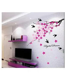 Syga Pink Flower Tree With Birds Wall Sticker - Multicolor  