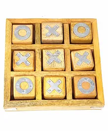 Desi Karigar Noughts and Crosses Game Brass Wooden Tic Tac Toe Game - Yellow