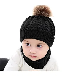 Ziory Winter Wear Cap With Pom Pom - Black