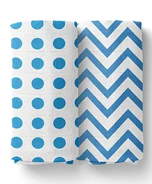  Mom's Home Cotton Muslin Swaddle Wrap Zigzag and Polka Dot Print Pack of 2 - Blue