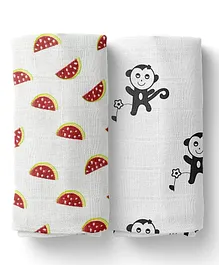  Mom's Home Cotton Muslin Swaddle Wrap Monkey and Watermelon Print Pack of 2 - Multicolour