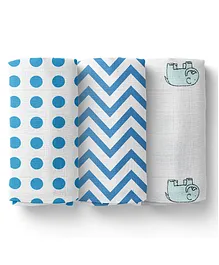   Mom's Home Cotton Muslin Swaddle Wrap Dots, Zigzag and Elephant Print Pack of 3 - Blue