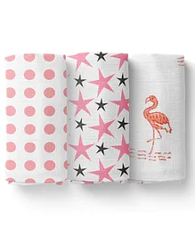   Mom's Home Cotton Muslin Swaddle Wrap Star, Flamingo and Polka Dots Print Pack of 3 - Pink