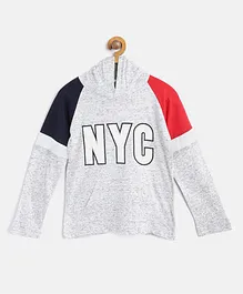 Little Marine Colour Block Pattern NYC Printed Full Sleeves Hooded Tee - Grey