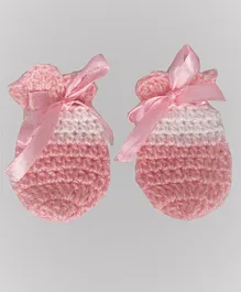 Knits & Knots Ribbon Decorated Crochet Mittens - Pink & White