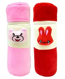 Brandonn Velvet Feeding Bottle Covers With Animal Motifs Fits 250 ml Bottle Set of 2 - Red Pink