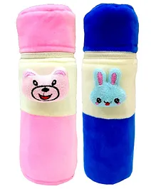 Brandonn Velvet Feeding Bottle Covers With Animal Motifs Fits 250 ml Bottle Set of 2 - Blue Pink
