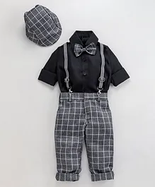 Jeet Ethnics Full Sleeves Shirt With Bow & Checked Suspender Pants With Cap - Grey