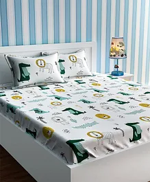 Urban Dream Double Bed Sheet Alligator And Lion Print -  Green And White