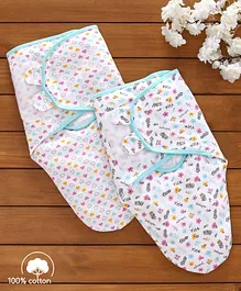Babyhug 100% Cotton Swaddle Wrappers Printed Set of 2 - White