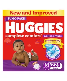 Huggies Complete Comfort Wonder Pants Medium (M) Size Baby Diaper Pants Sumo Pack with 5 in 1 Comfort - 228 Pieces