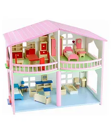 Webby Pretend Play Wooden Doll House with Miniature Furniture - Pink