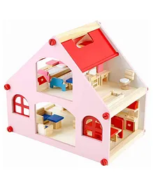Webby Pretend Play Wooden Doll House with Furniture - Multicolor