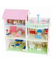 Webby Pretend Play Wooden Doll House With Mini Figures - Multicolor