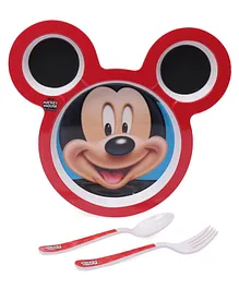 Disney Mickey Mouse Shape Plate with Fork and Spoon - Red Black