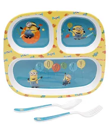 Servewell Minions Theme 3 Section Plate with Fork & Spoon Set - Blue