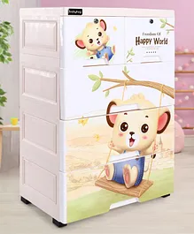 Babyhug 4 Layers High Density Plastic Storage Cabinate Teddy Print With Wheels - White Cream