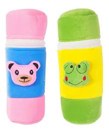 Ole Baby Popup Cute Face Plush Feeding Bottle Cover Pack Of 2 Pink & Green - 500 ml