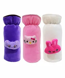 Brandonn Velvet Shearing Soft Bottle Cover With Motif White Purple Pink Pack of 3 - Fits up to 250 ml