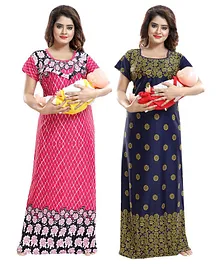 Fabme Set Of 2 Floral Print Half Sleeves Maternity Nighty - Pink & Yellow