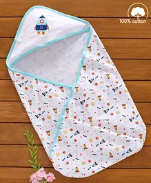 Babyhug 100% Cotton Hooded Wrapper Space Print - Blue